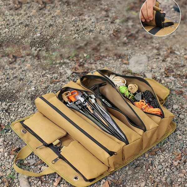 Multifunksjonell sammenrullbar verktøypose for camping, oppbevaring av utendørs plugger, sammenleggbar oppbevaringspose