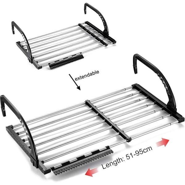 Parveke/Patteri/Seinälle Asennettava Vaatekuivatusteline, Taitettava Ruostumattomasta Teräksestä Valmistettu Vaatekuivatusteline, Teleskooppinen Ripustusvaatekuivatusteline (Pituus: 51-95 cm), Tuulenkestävä