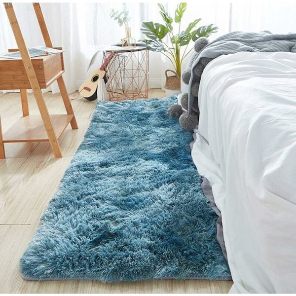 Mjuk och fluffig gradientmatta, tvättbar långhårig med halkfri botten, modern dekorativ matta för vardagsrum, sovrum, soffa (mörkblå, 60x160