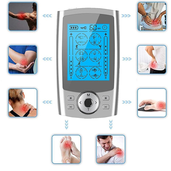 Muskelstimulator, TENS-maskin, elektronisk puls, 24 massageprogram, 10 elektroder, inbyggt batteri, silver