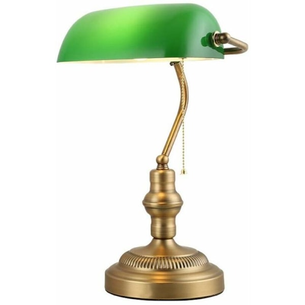 Vintage Retro Banker Style Bord- og Skrivebordslampe med Grøn Glaslampeskærm og Messing til E27 LED-pære Stue Hovedgærde Amerikansk Banker [Energi C