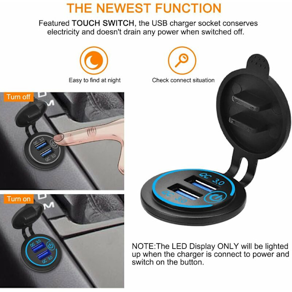 12V USB-stik, dobbelt USB 3.0 billader med kontakt, 36W USB vandtæt stikkontaktlader (med 1,1 tommer hulstans)