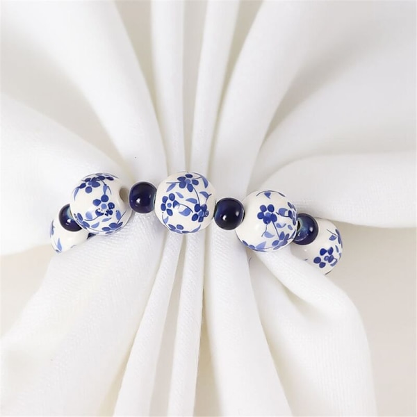 10 st Ethnic Style Handmålade Blå Vita Pärlor Servett Ring Hem Bord Dekoration Spänne Ritad