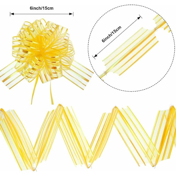 12 stk. Sweater Bow Stor Organza Træk Bue Gaveindpakning Træk Bue med Bånd til Bryllup Gavekurve, 6 Tommer Diameter - Gul