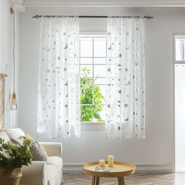 Stjerner og Måne Mønster Gennemsigtige Voile Gardiner til Vinduesdekoration, Stanglomme Gardiner og Draperier til Soveværelse, Kontor, Stue, Sølv, 2 Paneler