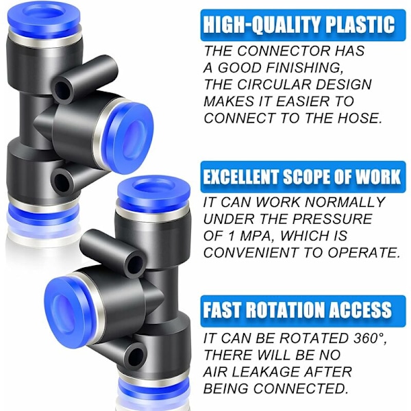 10 stk Blå 4mm OD 3-vejs T-stykke Push To Connect Fittings (PE-4)