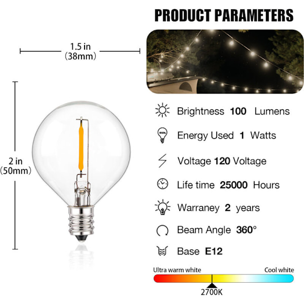 G40-lamput vaihdettavat G40-volframilamput 1W 220-240V kirkas pallolamppu E12-kanta, 25 kpl, lämmin keltainen (2200k) - RWSpecific Bulb