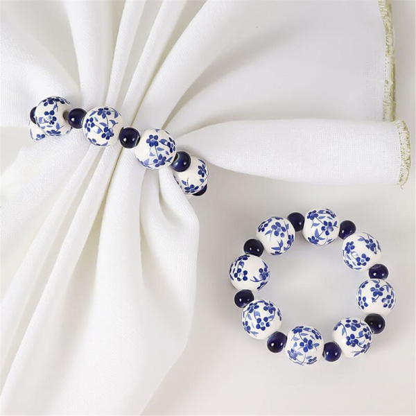 10 st Ethnic Style Handmålade Blå Vita Pärlor Servett Ring Hem Bord Dekoration Spänne Ritad