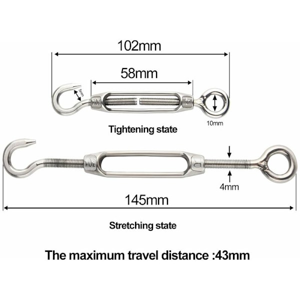10 stk. Wire Tensioner M4 Rustfritt Stål Justerbar Turnbuckle Haken og Øye Sett