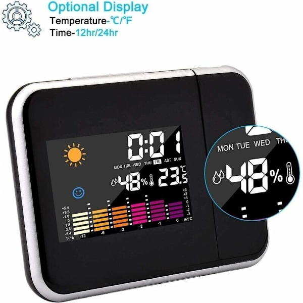 Projektionsväckarklocka, Färgskärm Kalender, Personlig Väderstation för Sovrum, Dimbar Projektor, Dubbel Alarm, LCD-Skärm, Datum, Tid, Temperatur