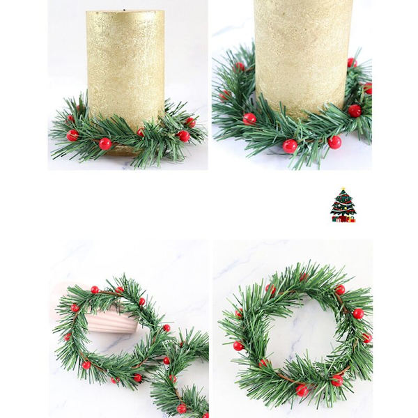 8 stk. Holly Candle Ring Små Kunstige Røde Bær Furu Nåler Girlander for Jul Girlander Ornamenter Dekor