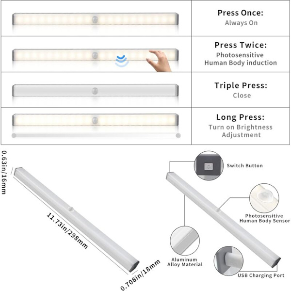 Skaplys, LED-skaplys med bevegelsessensor, justerbar lysstyrke, skaplys for utendørs skap, kontor, korridor (varmt lys)