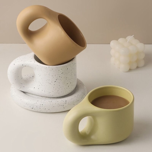 300ml Håndlaget Håndtakskopp og Skål Oval Plate Keramisk Kopp for Kaffe Melk Te Kake Nordisk Hjemmedekor