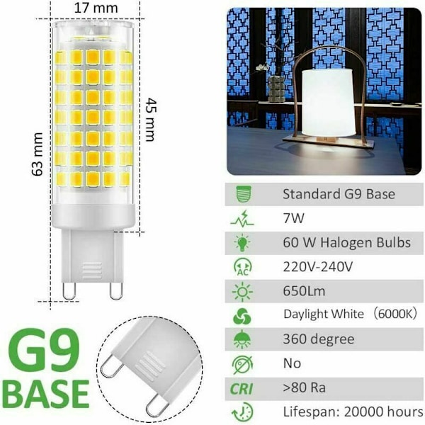G9 LED Pære, Flimmerfri, 7W, Kold Hvid 6000K, 650LM, 60W Ækvivalent Energibesparende Halogen, 360 Graders Vinkel, AC220-240V (6 Pak)