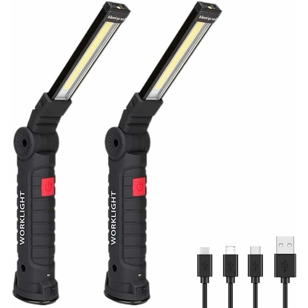 Laderbar LED arbeidslys, 2 stk COB håndholdt arbeidslys, inspeksjonslys med magnetisk base, LED håndholdt lommelykt for camping, bil