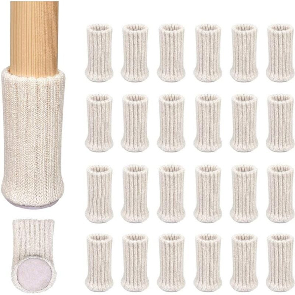 24 Halkskyddade Stickade Möbelstolsstrumpor för att Förhindra Repor och Minska Buller, Lätt att Flytta, Beige