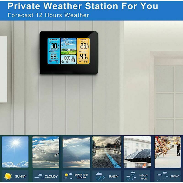 Trådløs vejrstation Digital farveprognose Vejrstation med alarm og temperatur/fugtighed/barometer/alarm/månefase/vejr med udendørs