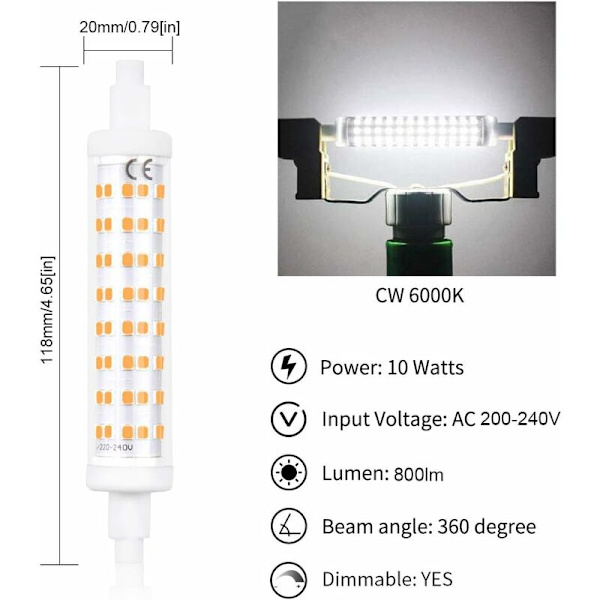 10W Dimbar R7s 118mm LED-pennalampa Kalla vit 6000K AC200-240V LED-linjär spotlight motsvarande 48 50 80W halogenlampa för vardagsrum