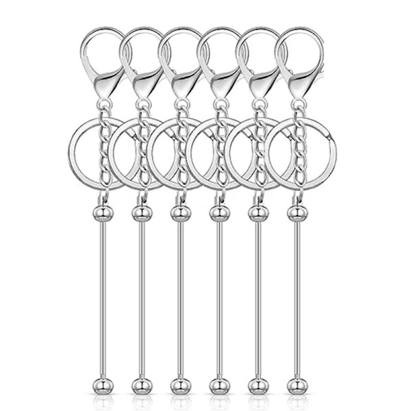 6 st Beadable Keychain Bars Blanks Bead Keychain Metall Beadad Keychain för DIY Hänge Smycken Tillverkning, Silver