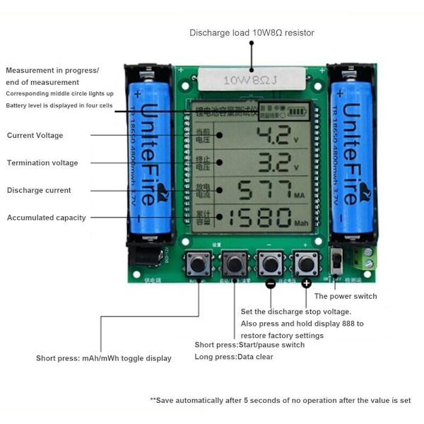 XH-M239 18650 Litium-akun kapasiteettitestausmoduuli LCD-näytöllä, korkea tarkkuus MaH/MwH mittausväline
