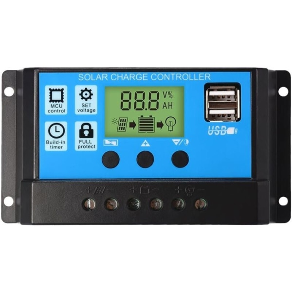 PWM-solcellsladdningsregulator, 12V/24V, 30A, LCD-display, dubbel USB-port