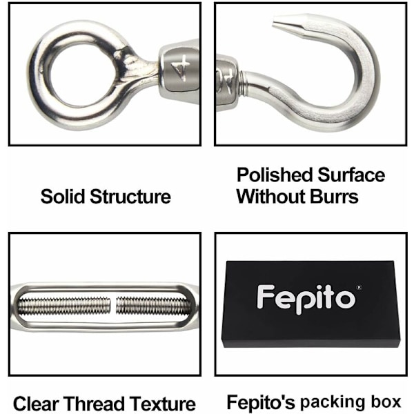 6 stk. Wire Turnbuckle Turnbuckle M4 Rustfritt Stål Justerbar Turnbuckle Hook and Eye Set Heavy Duty