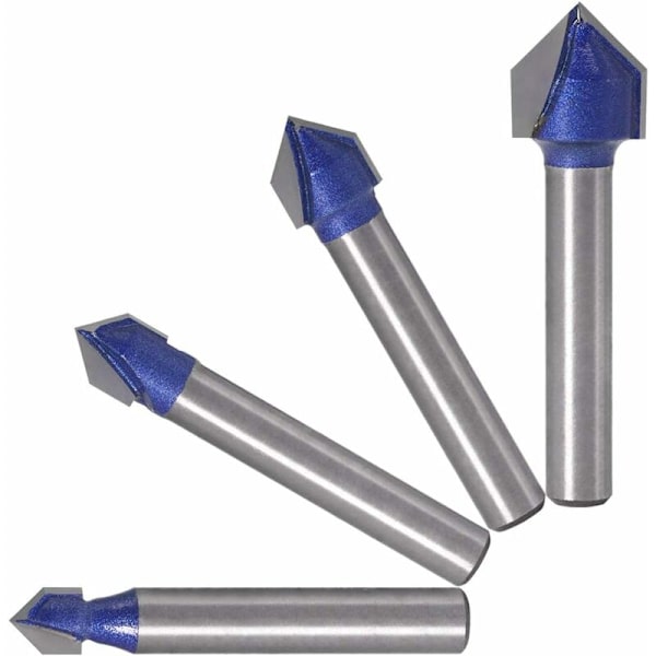 4 stk. 6,35 mm Skaft 90 ° V-spor Fræser Bits Træbearbejdning Fræsning 6,35 mm, 7,94 mm, 9,52 mm, 12,7 mm Sporfræser V-formede Bits, Blå Træskæringsværktøj