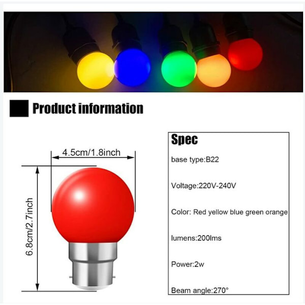 20 st B22 LED-lampor Bajonett 2W Röd Gul Orange Grön Blå Osplitterlig (Motsvarar 20W)