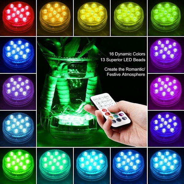 Nedsänkbara LED-lampor GolWof 2-pack 13-LED nedsänkbar LED-lampa 16 RGB-färger Nedsänkbara LED-lampor IP68 Vattentäta LED-lampor med fjärrkontroll