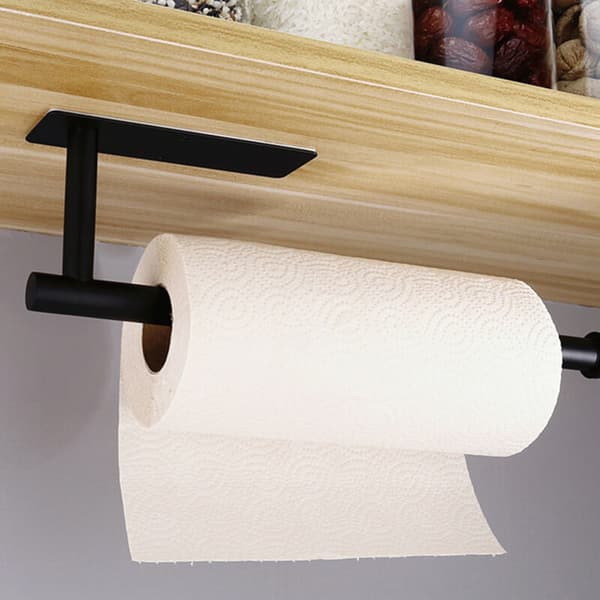Papirhåndklædeholder med 4 kroge, sort perforeret papirrullerholder, egnet til badeværelse, køkken