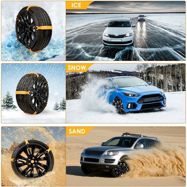 10 st Snöstrumpor för Bil 185-225 mm, Gula Snökedjor, Halksäkra Justerbara Nödbromsvajrar Bil Däckkedja, Universal Passform Bilar SUV Lastbilar