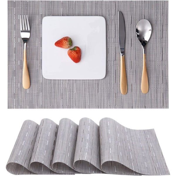 Sett med 6 plassmatter, vevde vaskbare plassmatter for kjøkken eller spisebord, varmebestandig, sklisikre, laget av vinyl (30x45cm) (lys grå)