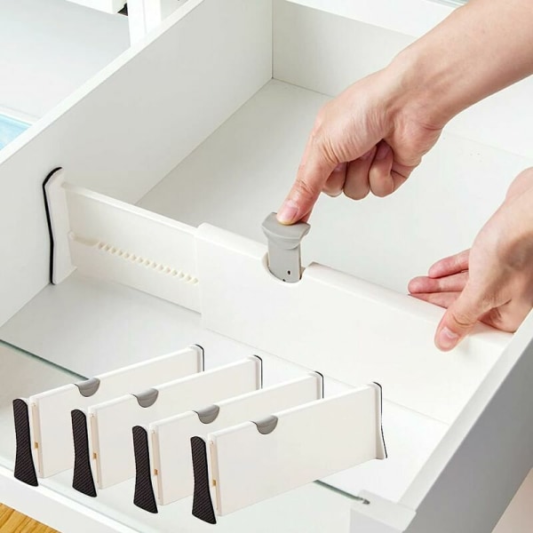 Skuffeseparatorer (sæt med 4) Justerbare skuffeorganisatorer, (28,3 - 43,5 cm) Køkkenskuffeseparator til soveværelse, babyskuffe, kontor, Sunny
