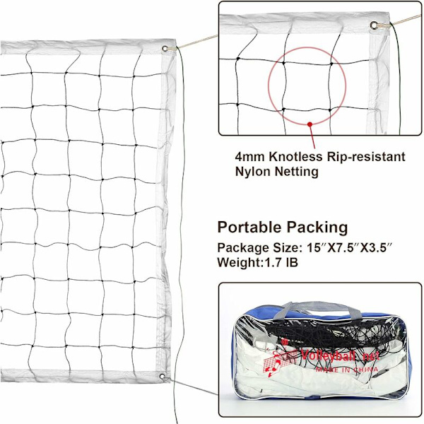 Volleyballnet til udskiftning - Standardstørrelse (9,5 m x 1 m) - med stålkabel - forstærkede sideremse - til strand, have, pool, indendørs og udendørs (Ne