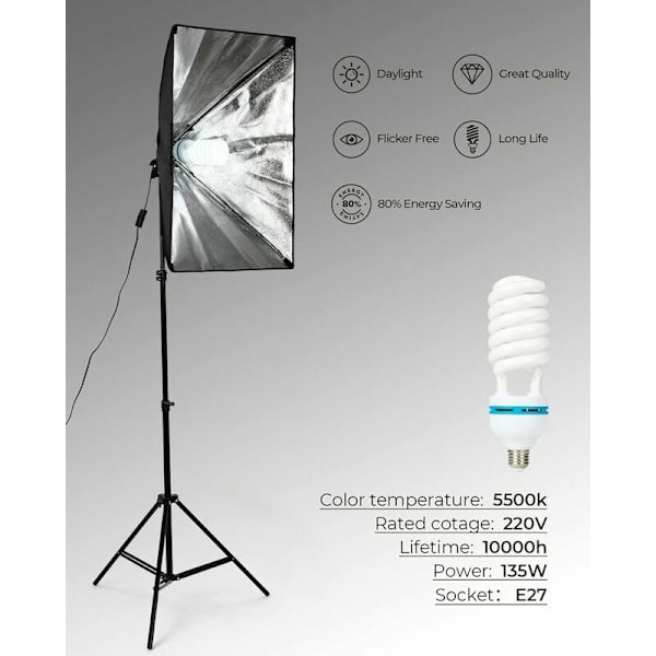 2 kpl 135W CFL-valaisimia valokuvastudioon E27 5500K valaistus valokuvaus energiansäästölamput pehmeälle laatikolle sateenvarjolle