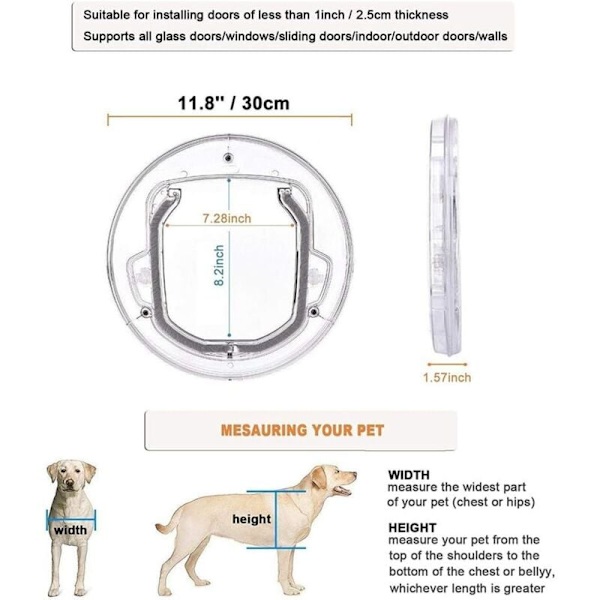 Husdjursdörr för fönster/dörr 4-vägs lås Katt Valp Hund Låsbar Dörr Klar Rund Dörr för Skärmfönster/Glidande Glasdörr/Glasfönster