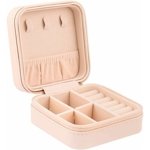 Rejse smykkeskrin PU lille smykkeskrin kvinder børn piger ring arrangør øreringe halskæder øre armbånd, 10 x 10 x 5 cm (Pink)