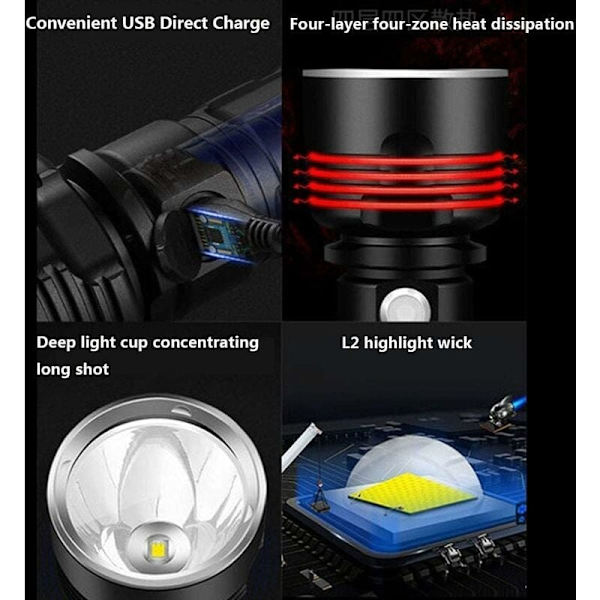 p70 lommelygte, 30000-100000 lumen høj effekt LED ultra lys stærk vandtæt lommelygte, Mest kraftfulde XLM-P70 50W lommelygte med 3 tilstande (enkelt bat