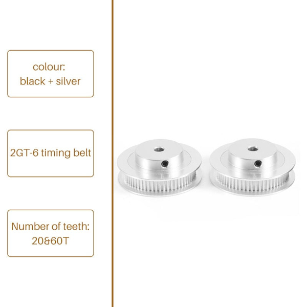 2 set 2GT kugghjul 20 & 60 tänder 5 mm hål aluminium kugghjul 2 st set längd 200 mm bredd 6 mm rem