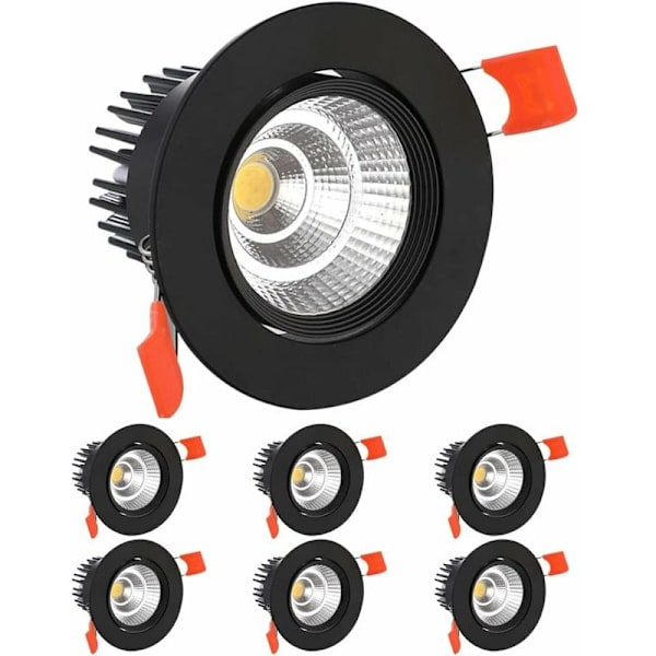 6 stk. LED indbyggede spotlights, COB indbyggede loftslampe, AC 220-240V, kølig hvid 6000K, justerbar vinkel 30°, IP44, udskæring 70-80mm, til stue R