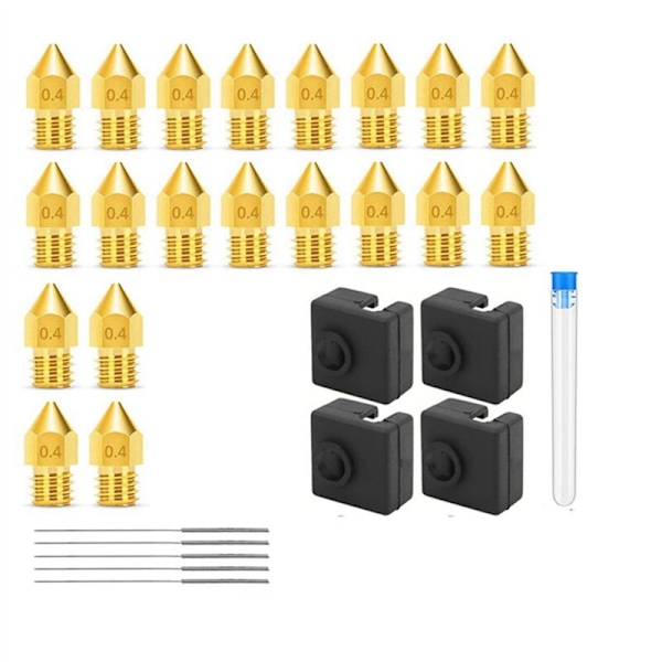 0,4 mm MK8 3D-skrivarmunstycken 40 st med 8 st silikonöverdrag för värmeblock, V2 5 nålar