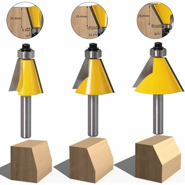3 st 8 mm skaft fas och fas fas träbearbetningsverktyg träbearbetningsfräs (15 grader + 22,5 grader + 30 grader)