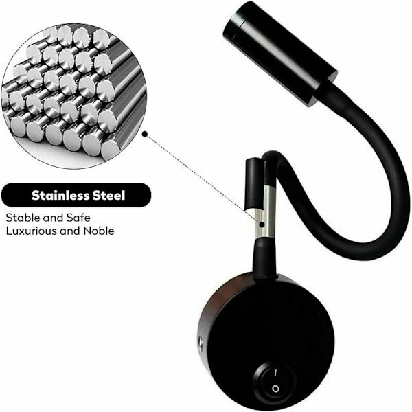 2-delt Sort 3W Vægreolæsningslampe, Fleksibelt Justerbar Halslys Aluminium Skrivebordslampe, Natlampe med Afbryder LED Øjenpleje (Varmt Hvidt)