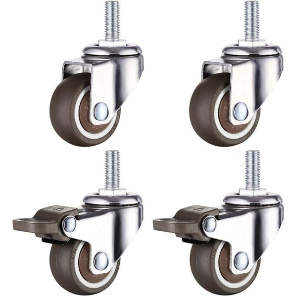 Svingbare Hjul af Gummi i Hårdt Materiale med M8 Gevindstang til Håndvogn, Arbejdsborde, Møbler, 1,5 tommer, Gevinddiameter: 8 mm, længde 20 mm, 2 stk.