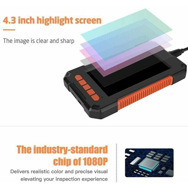 Industriel Endoskop, 1080P HD Endoskopkamera, Rørinspektionskamera, 4,3 Tommer HD Skærm, 8 LED Lys, 5M Halvstiv Kabel