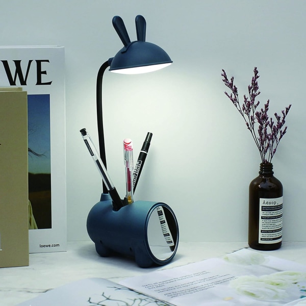 Söt tecknad skrivbordslampa för barn USB uppladdningsbar 360 grader flexibel svanhals läslampa touch LED kanin skrivbordslampa med sminkspegel, cell
