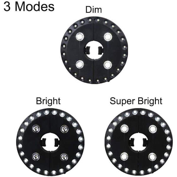 Patio Paraply Lys, 3 Lysstyrker, 28 LED Lys ved 220 Lux, Drevet af 4 AA Batterier, Paraplypind til Patio Paraplyer, Camping, Telte o