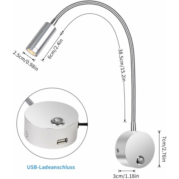 Wall Reading Light, 3W LED Wall Bedside Lamp with Dimmable Touch Switch and USB Charging Port, 360° Swivel Bedside Reading Light with Socket and Cab