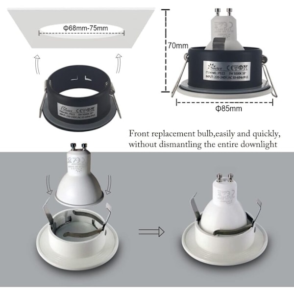 Sæt af 4 IP65 Vandtætte LED Indbyggede Spotlights, 5W 3000K Varmt Hvid Indbygget Spotlight til Badeværelse og Køkken Indbygget Loftbelysning Udskæring 68mm