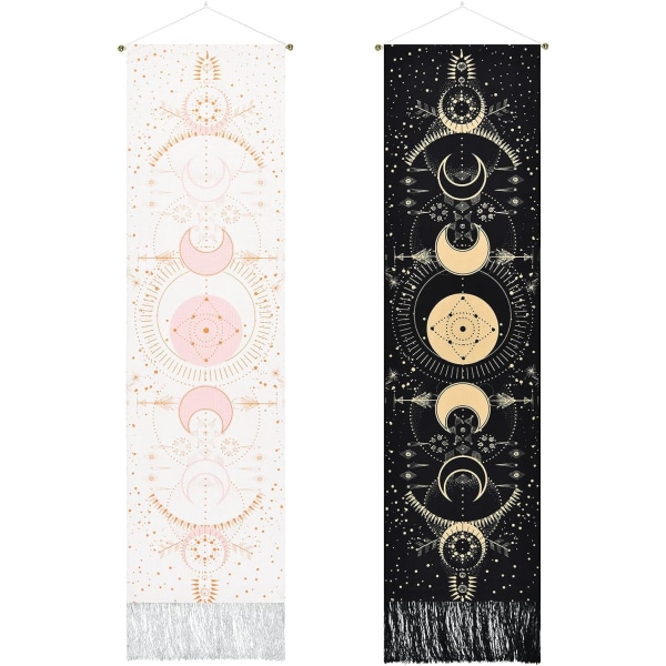 sæt med 2 Månetæppet Bohemian Psykedelisk Vægtæppe Væghængende middelalderlig Tarot Decor Tapestry til Soveværelse Sort Hvid 51*13inch (130*32cm)